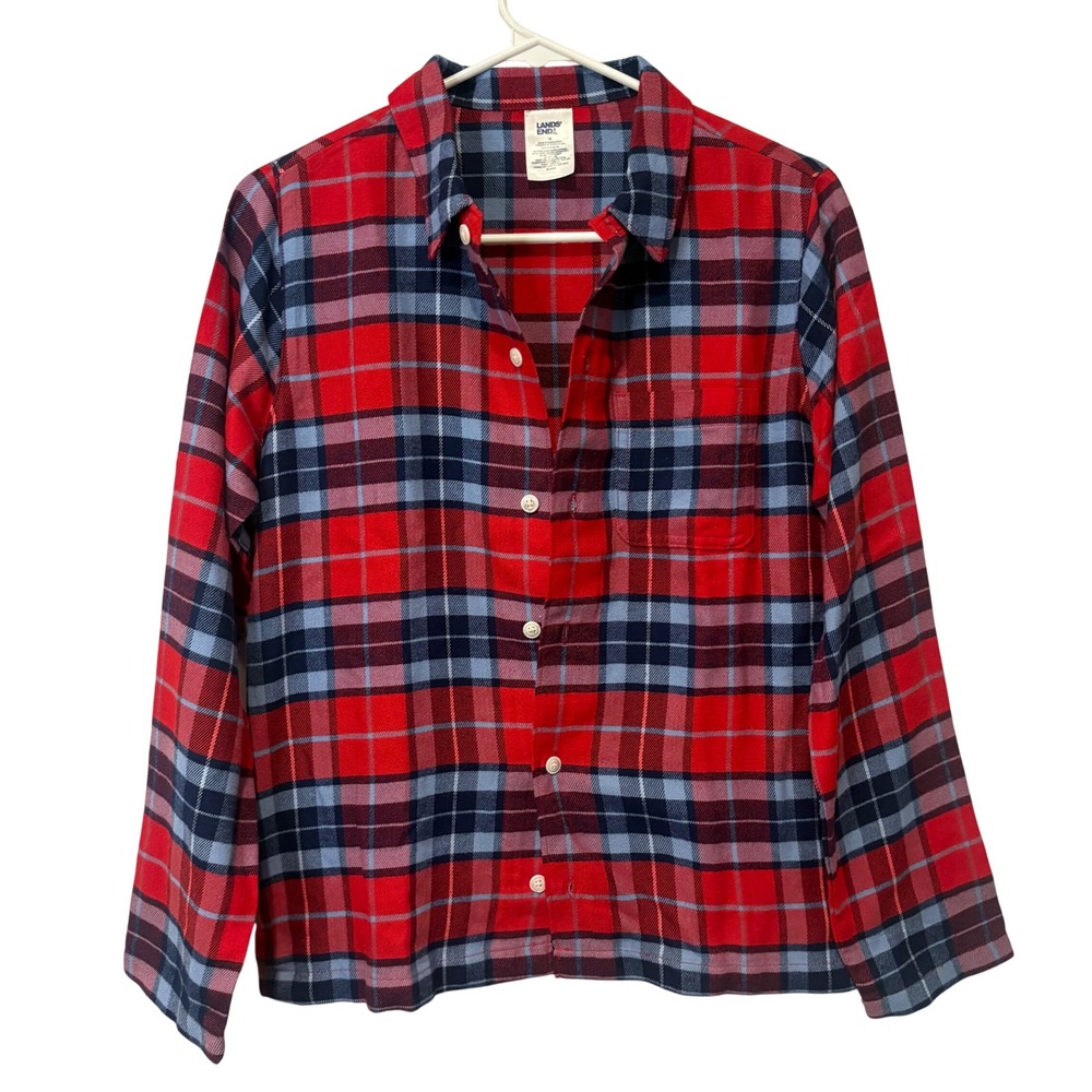 Lands' End Plaid Button Down Pajama Shirt Kids 16 Red Blue Long Sleeve Classic
